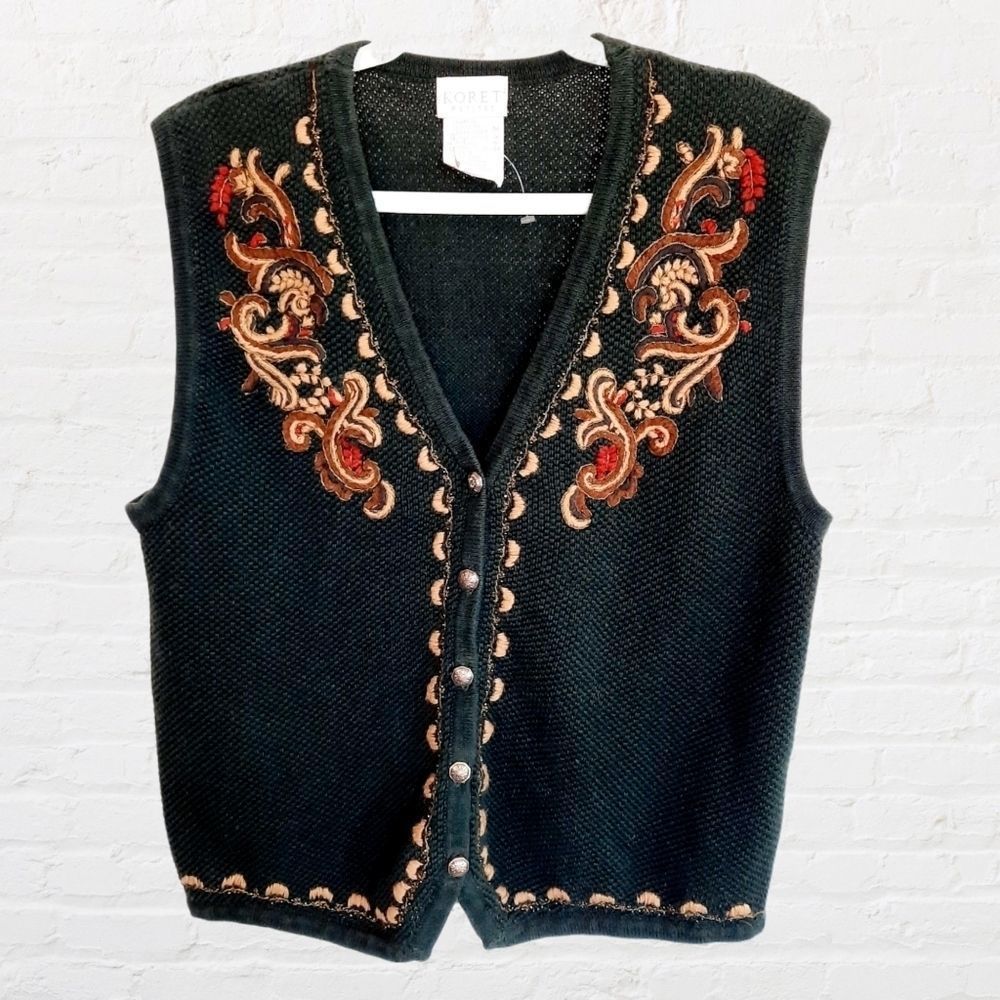 VTG 90s Koret Cottagecore Embroidered Button Front Sweater Vest size Large